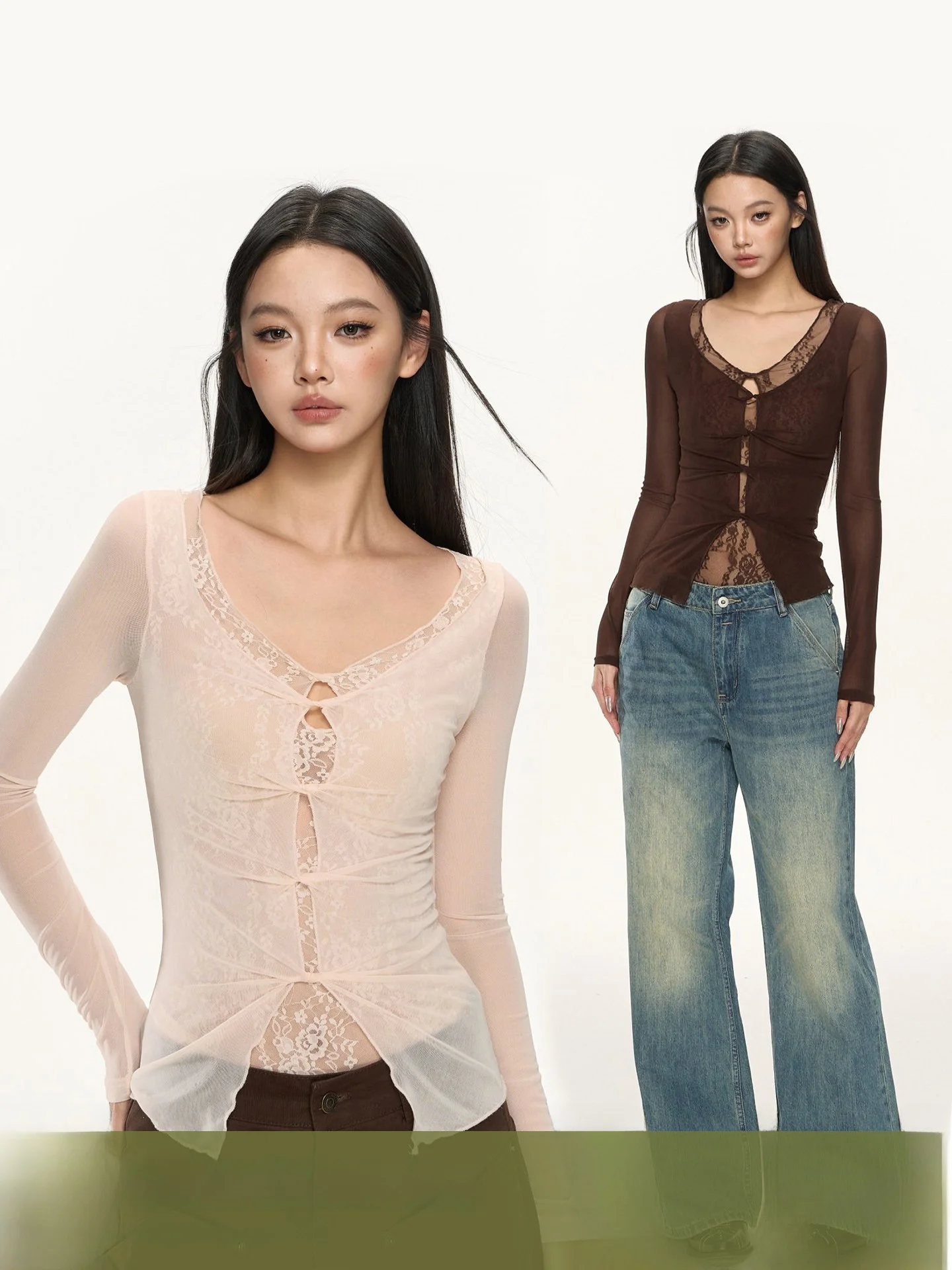 

Женская базовая футболка Ele Long Sve Nova B с кружевными вставками, повседневная, приталенная, из хлопка и полиэстера, с V-образным вырезом, для ношения под одеждой