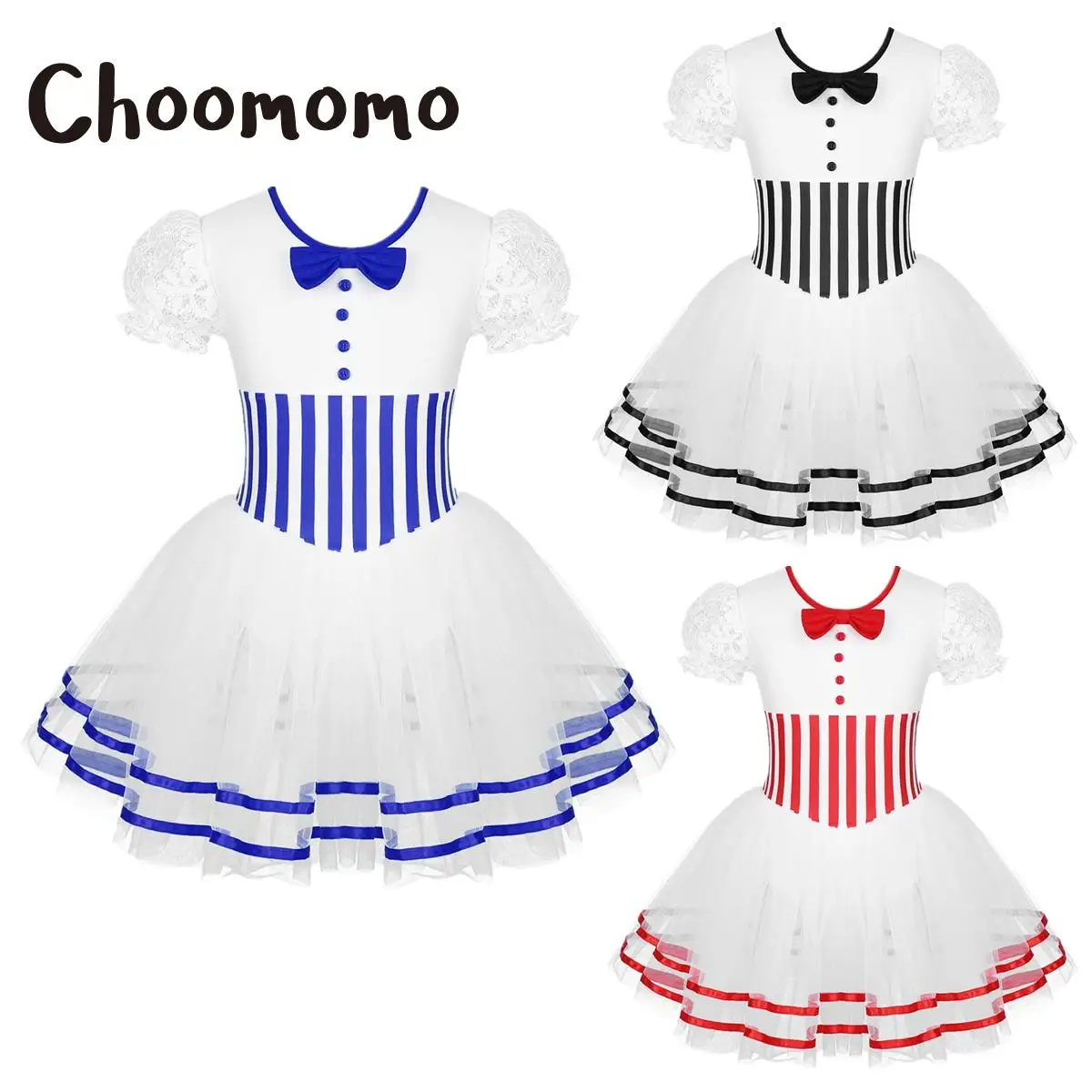 

Girls Christmas Ballet Dance Tutu Dress Lace Puff Sleeves Stripe Print Bow Mesh Figure Skating Gymnastic Leotard Candy Can Dress
