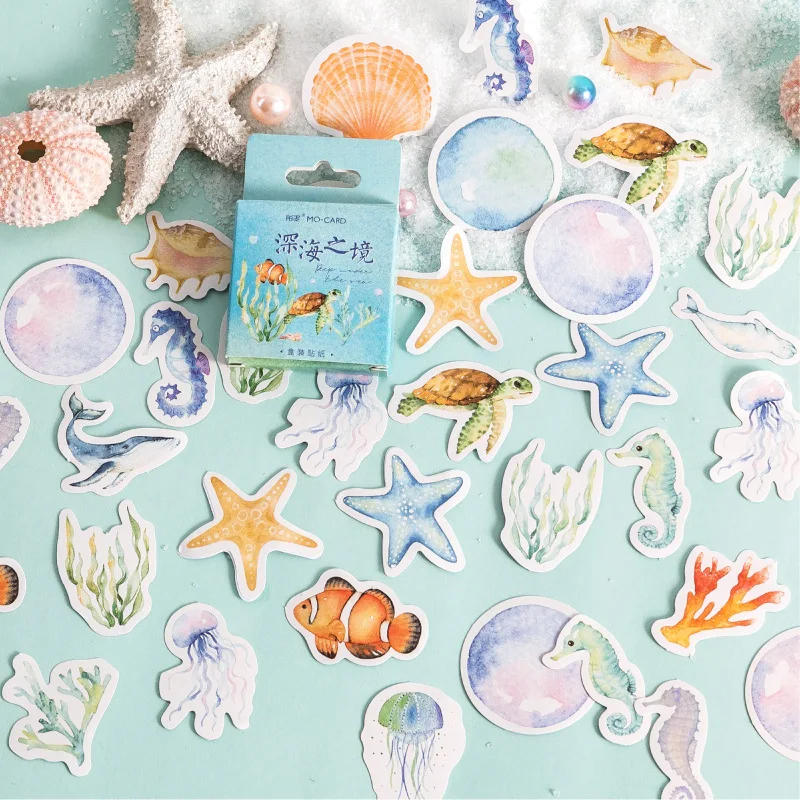 46pcs Blue Style Ocean Whale Shell Decorative Paper Stickers Scrapbooking Label Diary Stationery Album Phone Journal Planner