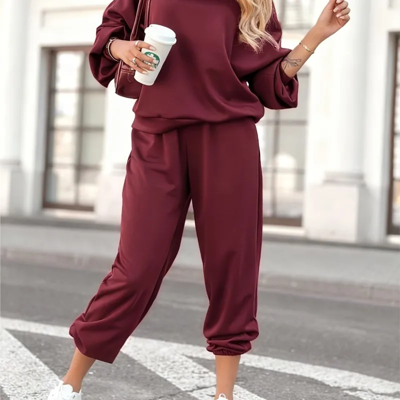 جديد الخريف الشتاء تنوعا الرياضة نمط بلون دعوى المرأة جولة الرقبة طويلة الأكمام فضفاضة البلوز بنطال ذو قصة أرجل واسعة 2 قطعة مجموعة #4