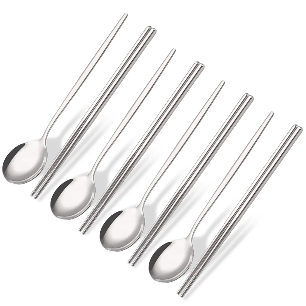 

8Pcs Stainless Steel Cutlery Set Sushi Sticks Coffee Tea Spoons Set Dinnerware Korean Chopsticks Dessert Spoon Flatware Set