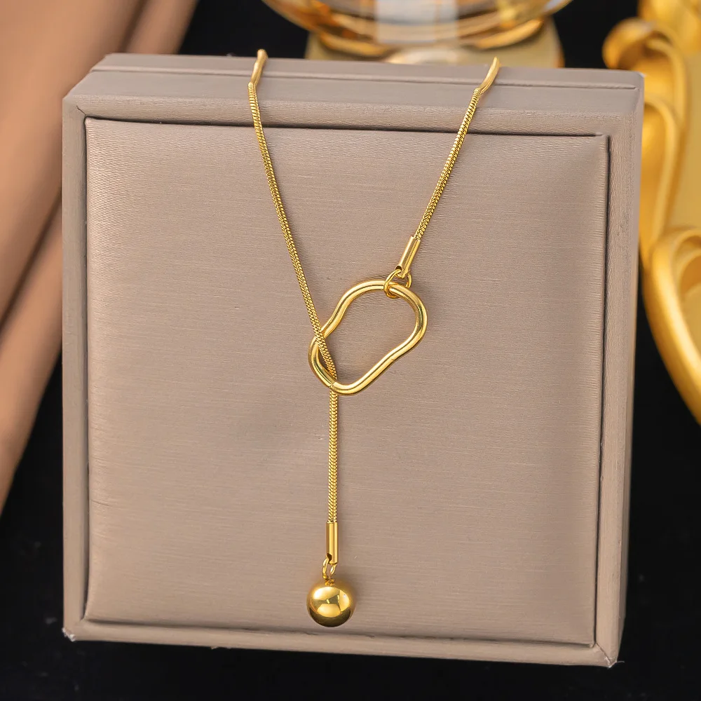 Stainless Steel Metal Ballpoint Pendant Necklace For Women Lady Elegant Long Geometric Pull-Out Chain Necklace Sweater Jewelry