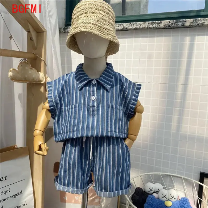 Korean Summer Outfit Boys Striped Children\'s Clothing Kid Clothes Suit Baby Thin Denim Short Sleeved Shirt+shorts 2-piece Set