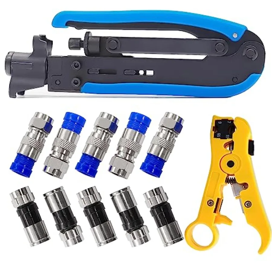 

mxuteuk Coax Cable Crimper Kit Adjustable RG6 RG59 RG11 755 757 Coaxial Compression Tool Fitting Wire Stripper With 10 pcs F Co
