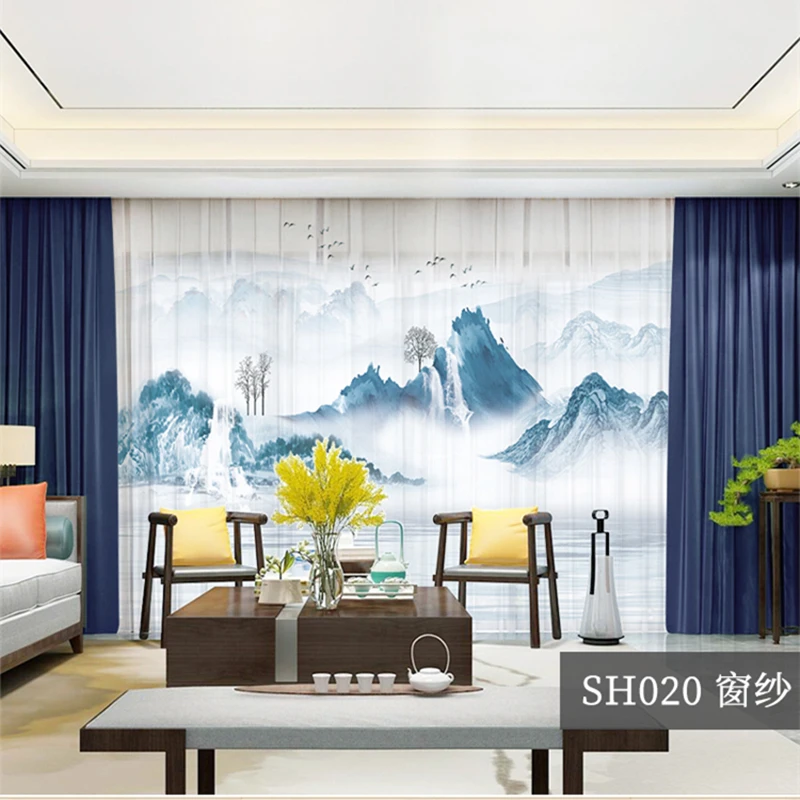 

Custom Chiffon Sheer Curtain Window Drape for Bedroom Living Room Mountain Hills River Boat Trees Landscape