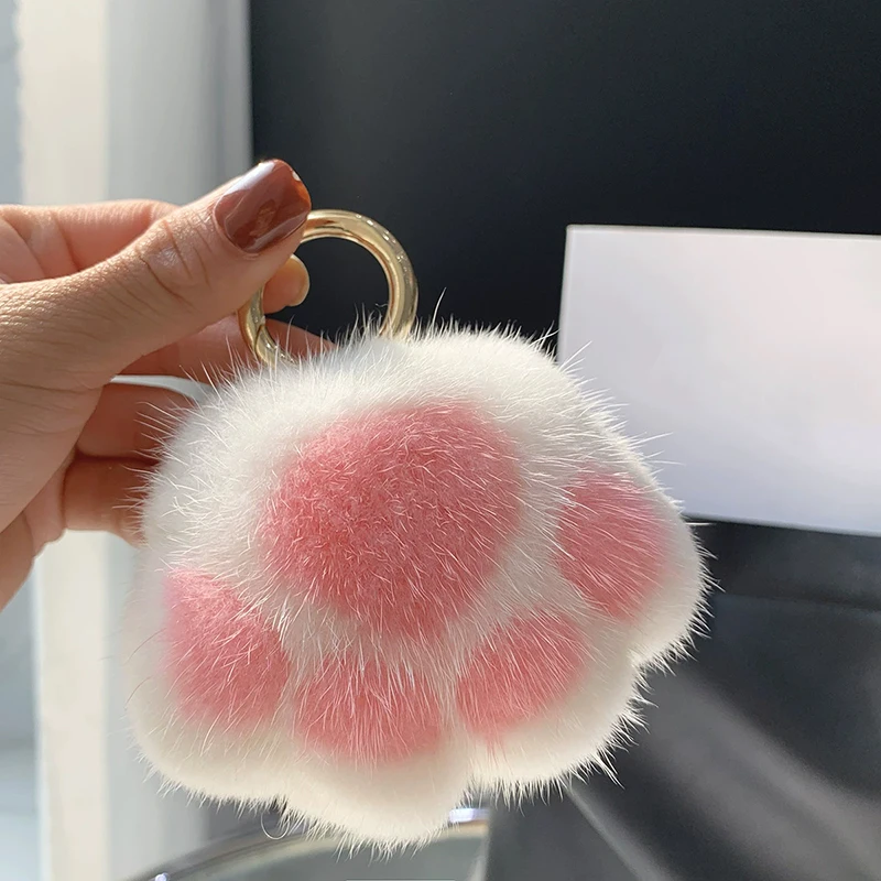 Mooie Pluizige Kat Poot Sleutelhanger Bont Haar Pompon Sleutelhanger Voor Vrouwen Meisjes Schattige Dierenpoot Hanger Sleutelhanger Op Tas Auto Trinket - afbeelding 1