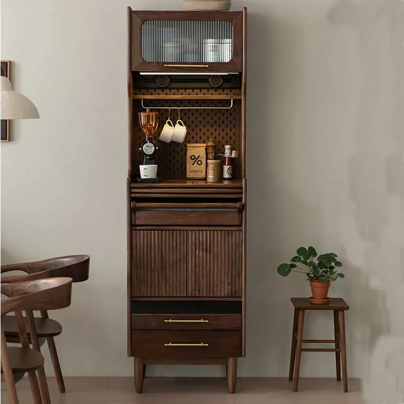 Black walnut small apartment, living room Japanese-style integrated wall hole board, retro storage tea cabinet