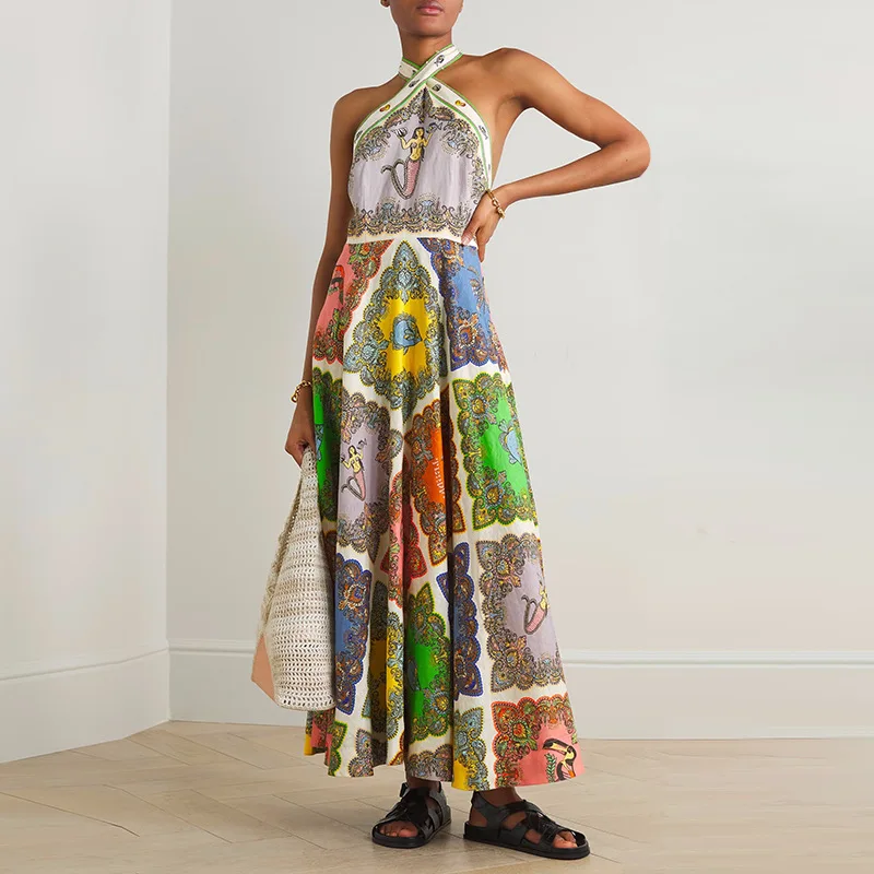 

French Vintage Style Long Dress2025New Style Hanging Collar Sleeveless Mid-Waist Long Printed Design Sense Dress Women's Summer