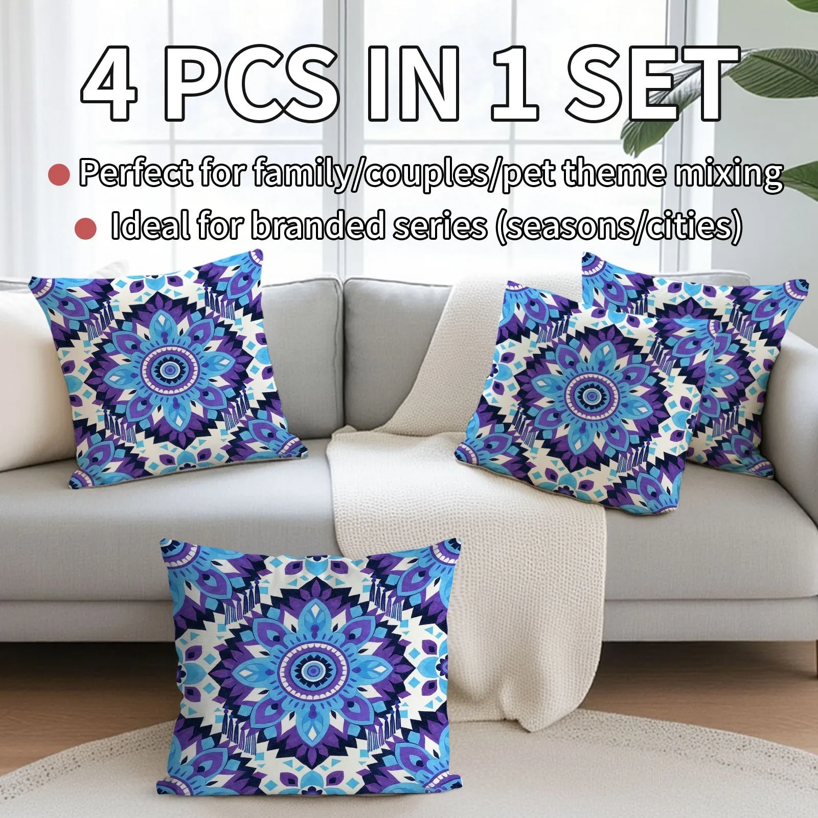 Juego  4 fundas  almohada bohemias con mandala floral geométrico, patrón vibrante en azul, morado y blanco, perfectas para d