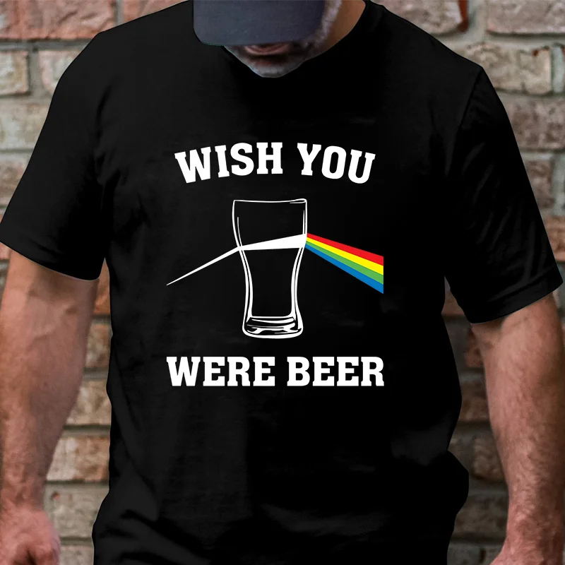 Men's Funny T-Shirt 'Wish You Were Beer', Rainbow Prism Beer Glass Print Tee, Summer Short Sleeve Y2k Tops for Drinking Party