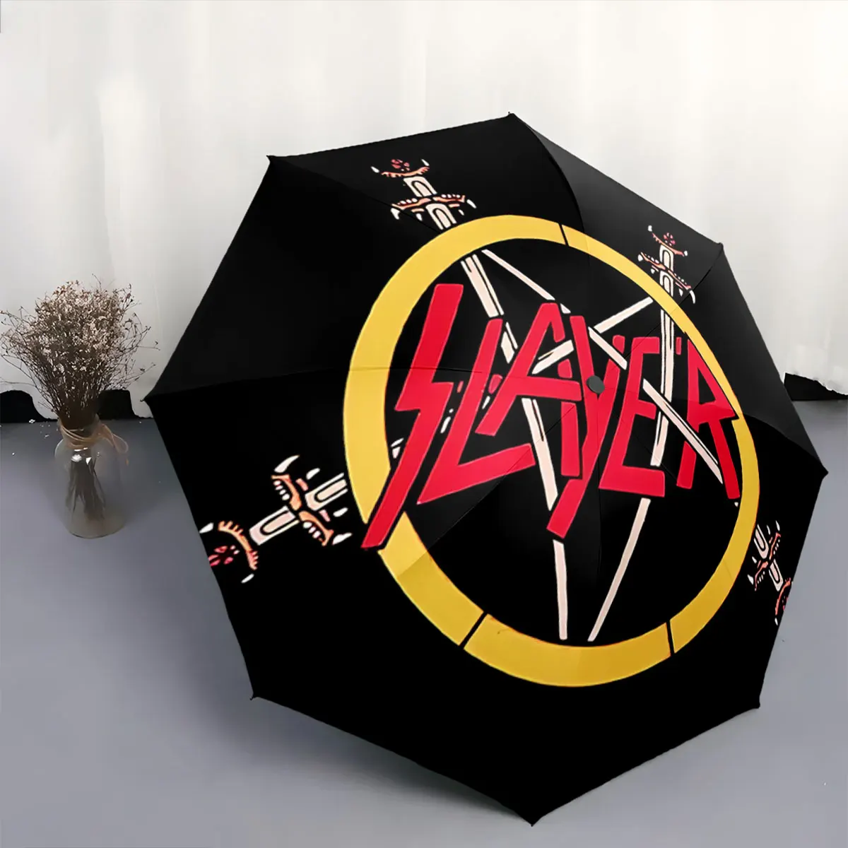 Black Umbrella with Red Bold Graphic Sword Circle Design portable waterproof sun rain umbrella for outdoor travel beach