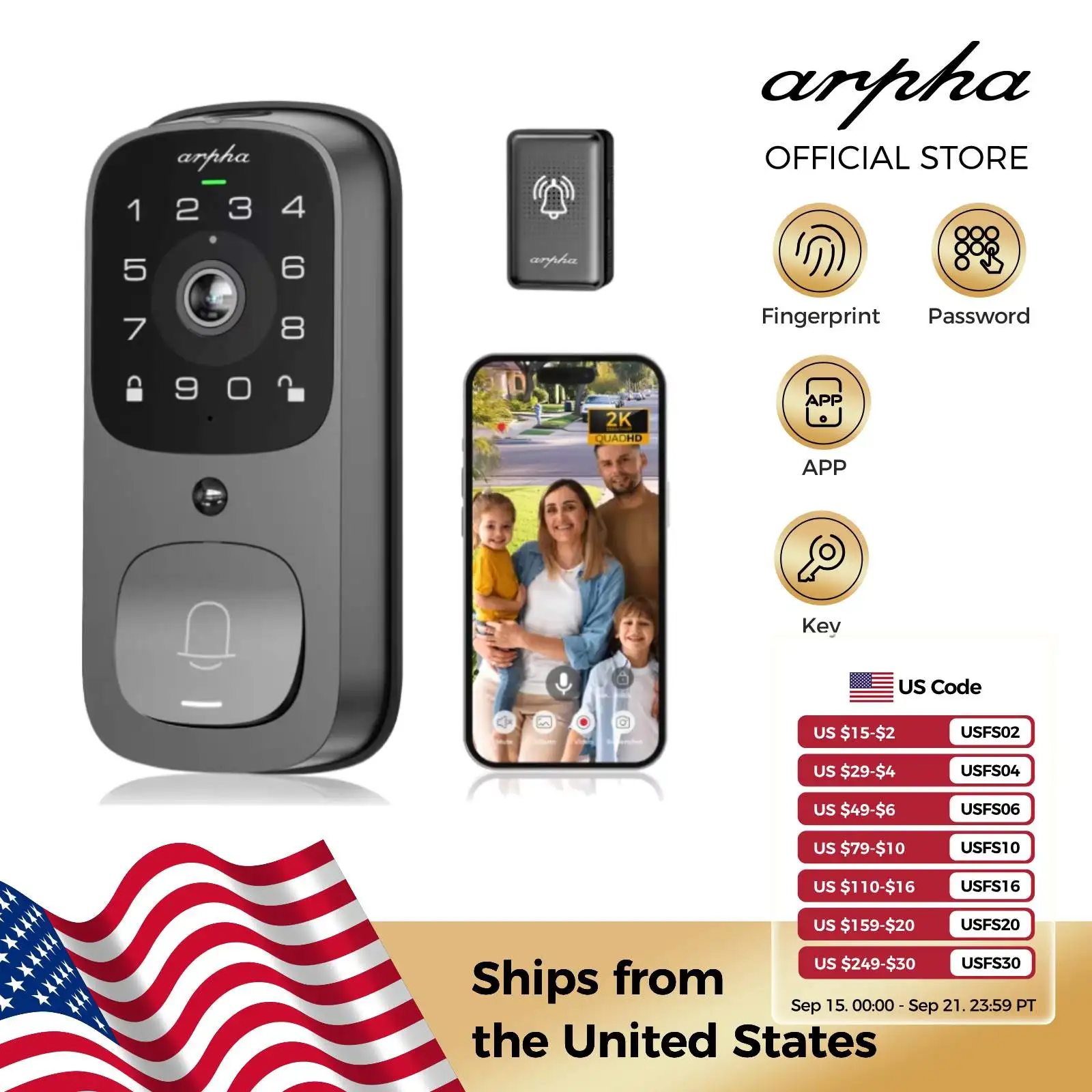 

Умный дверной замок Arpha AL501, 6 в 1, Wi-Fi, умный дверной замок с видеодверным звонком и отпечатком пальца, цифровая клавиатура с входом без ключа, 32 ГБ