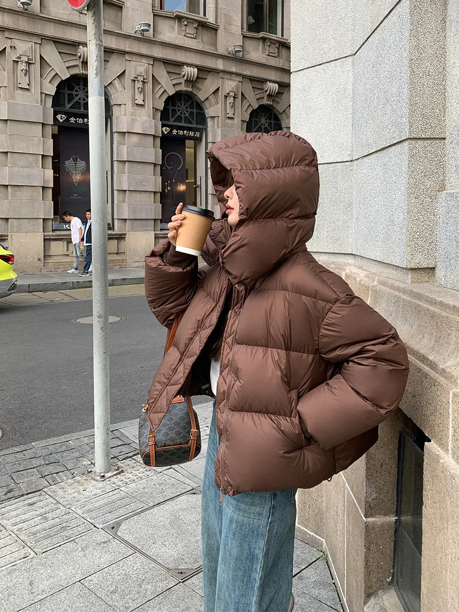 Short Solid Parkas Coats Women Jackets Hooded Zipper Pocket Drawstring Long Sleeves Thick Loose Office Lady Casual 2025 Winter