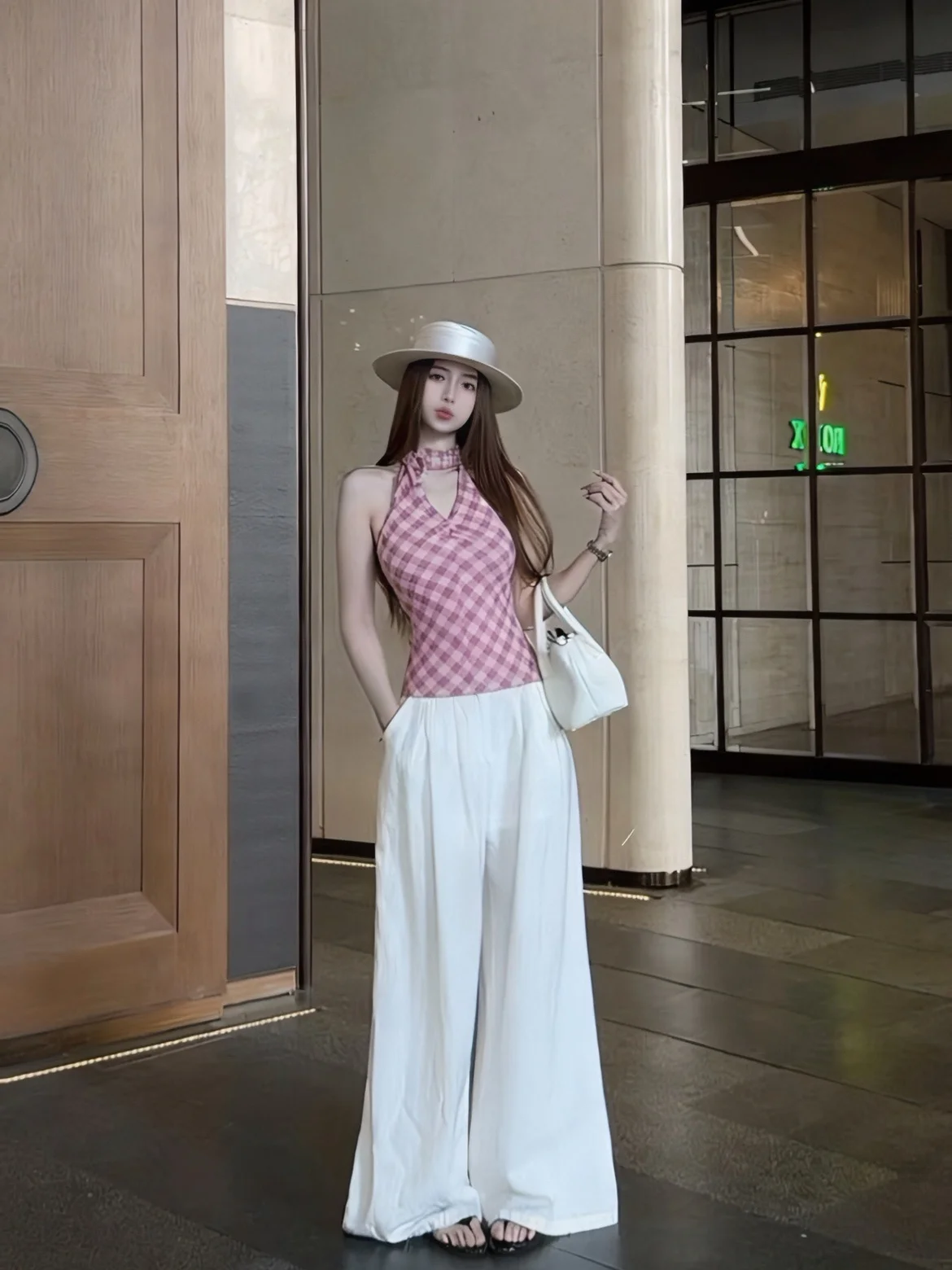 

Beloved Golden Girl Summer Atmosphere Plaid V-neck Hanging Neck Sash Vest Top Women's Sexy Slim Fit Casual Short Sleeve T-shirt