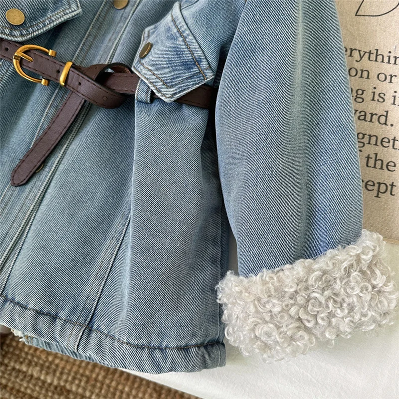 Winter Girls Thick Demin Coats Baby Plus Velvet Warm Outerwear With Belt Kids Princess Designed Long Jackets Children Clothes view 6