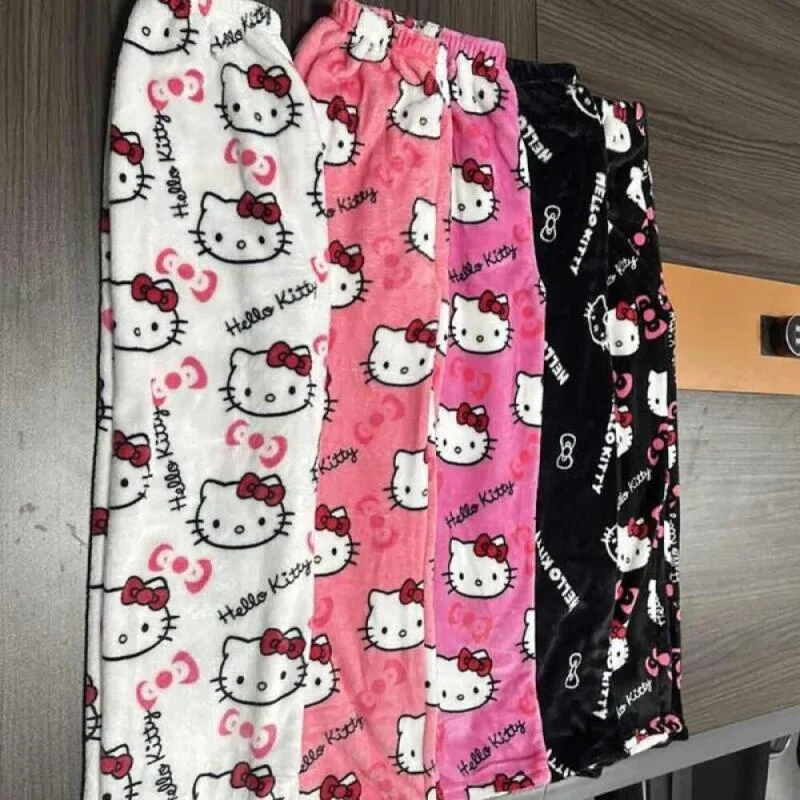 Hello Kitty Cartoon Pajamas Pants Christmas Flannel Y2K Trousers Women Girl Kawaii Anime Cartoon Casual Homewear Winter Clothing