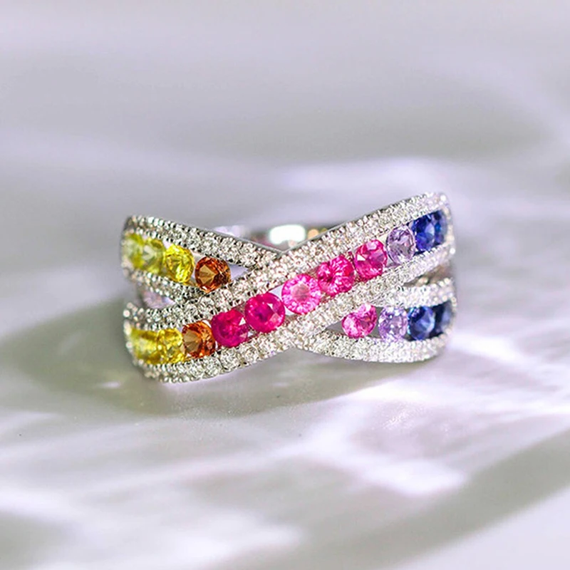 Huitan Rainbow CZ Cross Rings for Women Full Bling Iced Out Wedding Party Female Rings Silver Color Statement Jewelry Drop Ship