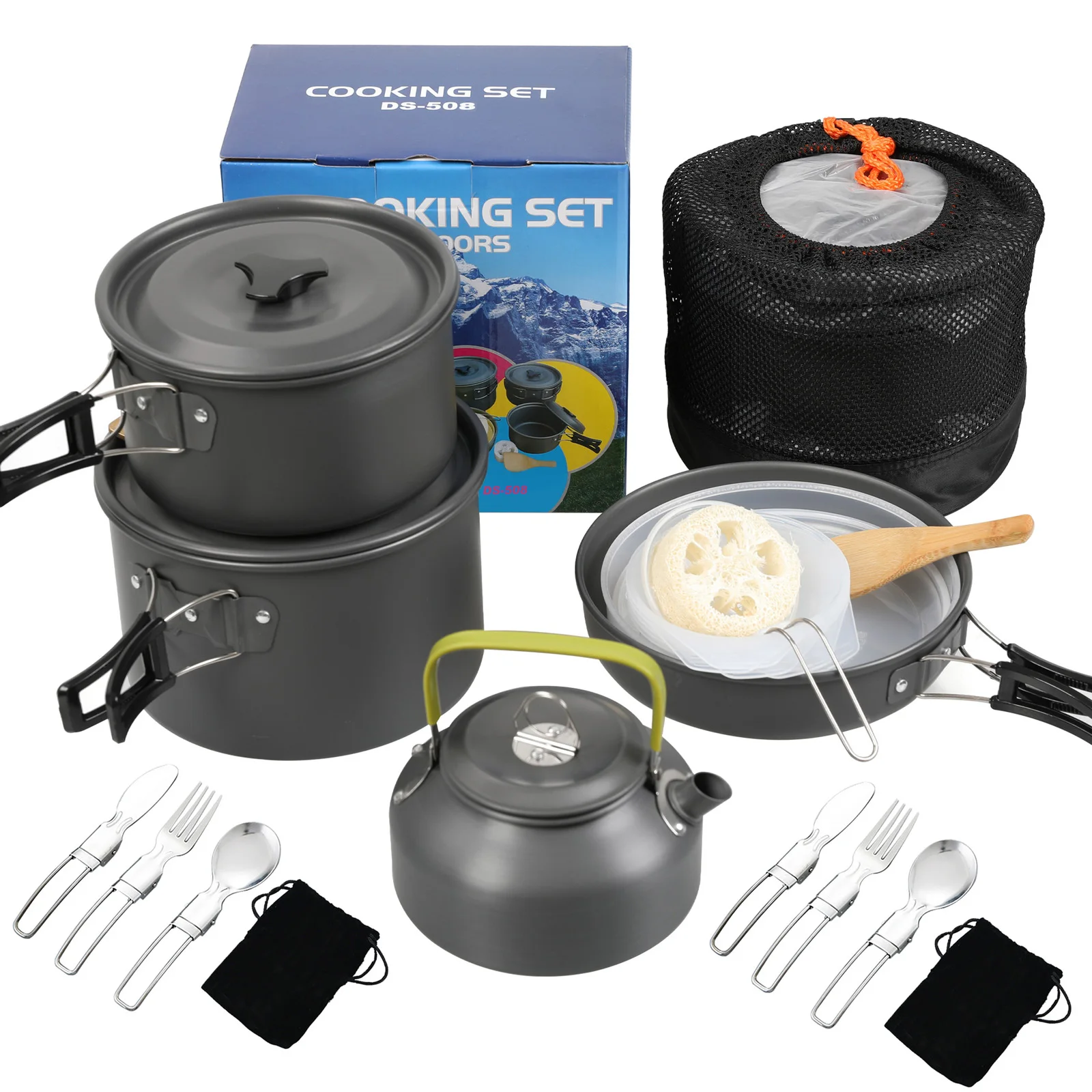 

Camping Cookware Mess Kit Aluminum Portable Outdoor Tableware Non-Stick Pot & Pan Set with Kettle for Camping Hiking Backpacking