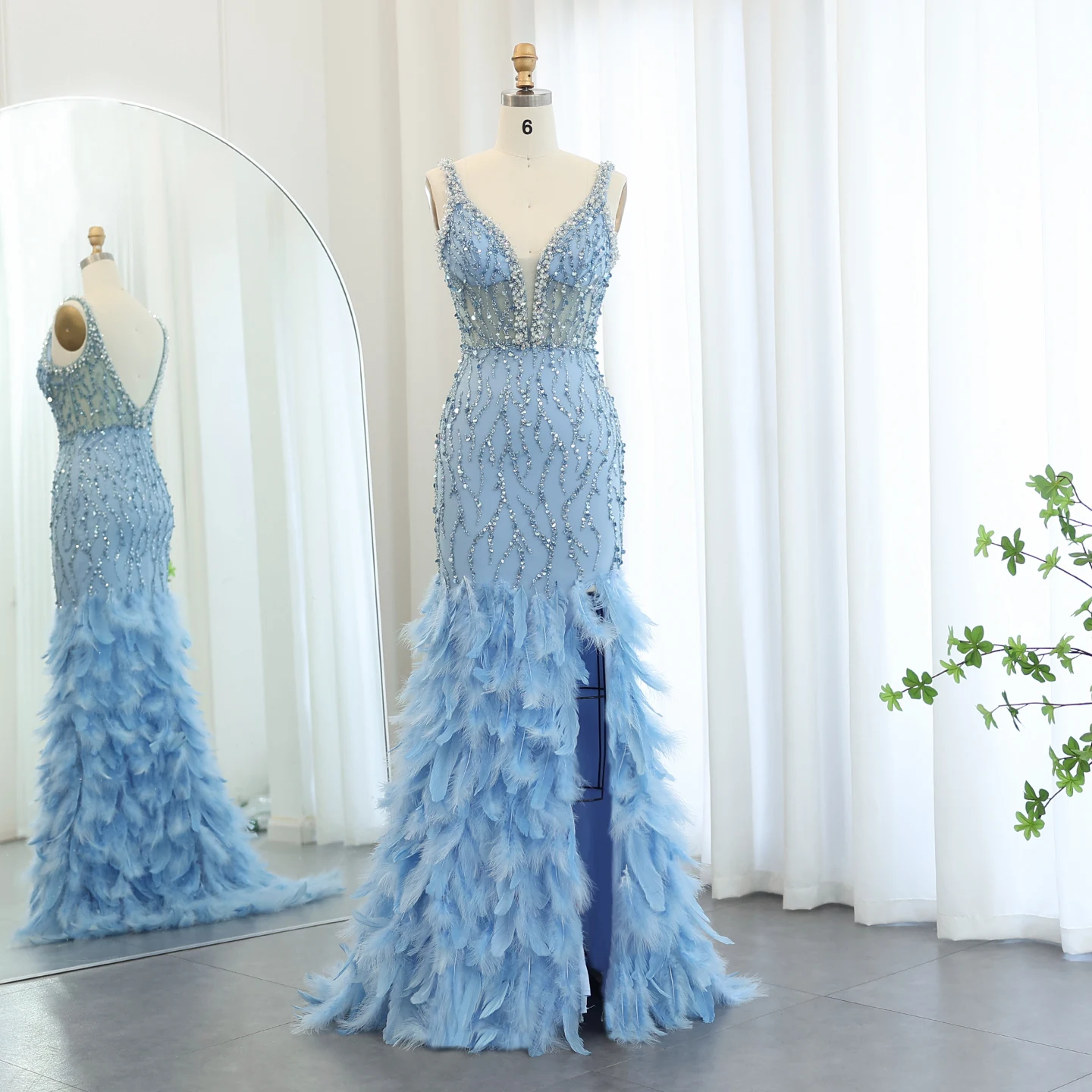 Sharon Said Luxury Feathers Blue Mermaid Evening Dresses for Wedding V-Neck Pink Side Slit Prom Party Dress SS184 Customized