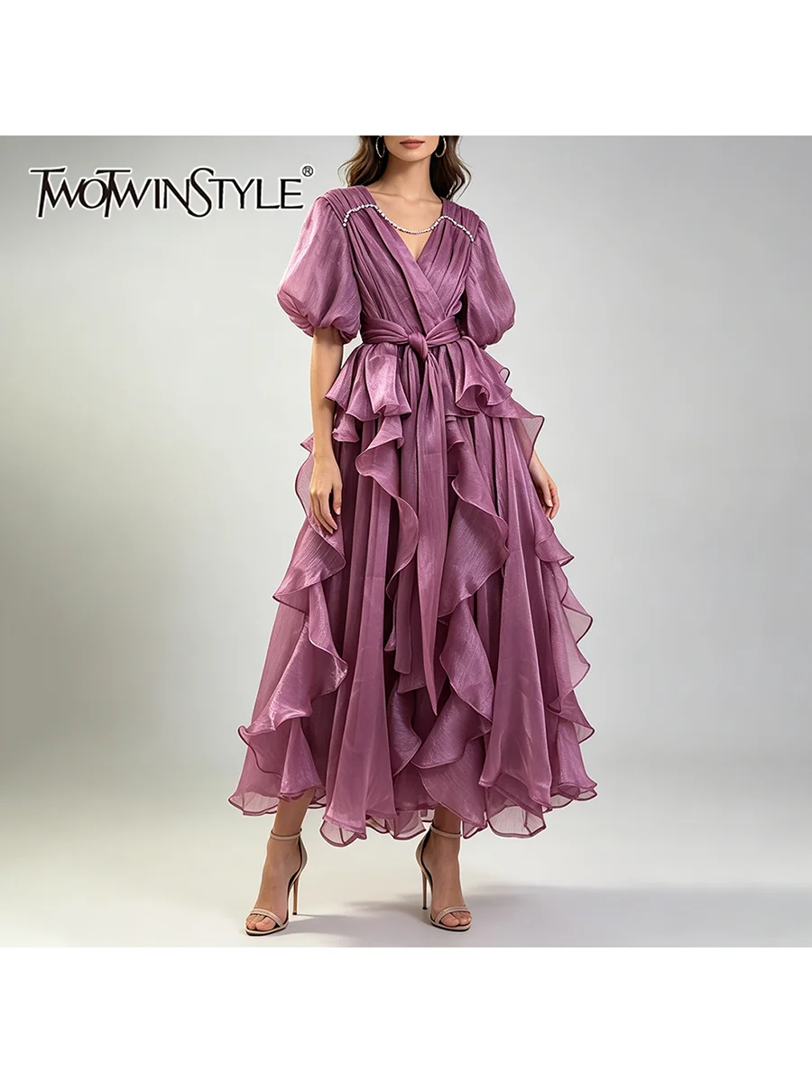 TWOTWINSTYLE Folds Mesh Dresses for Women V Neck Puff Sleeve High Waist Loose Solid Spliced Diamonds Dress Female Fashion 2026