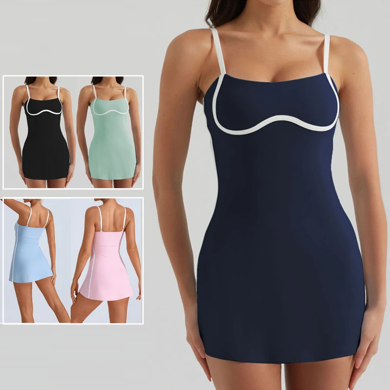 

Женская полосатая теннисная юбка для отдыха, летнее теннисное платье без рукавов для йоги, женское тонкое платье-бретелька-карандаш с бюстгальтером и коротким