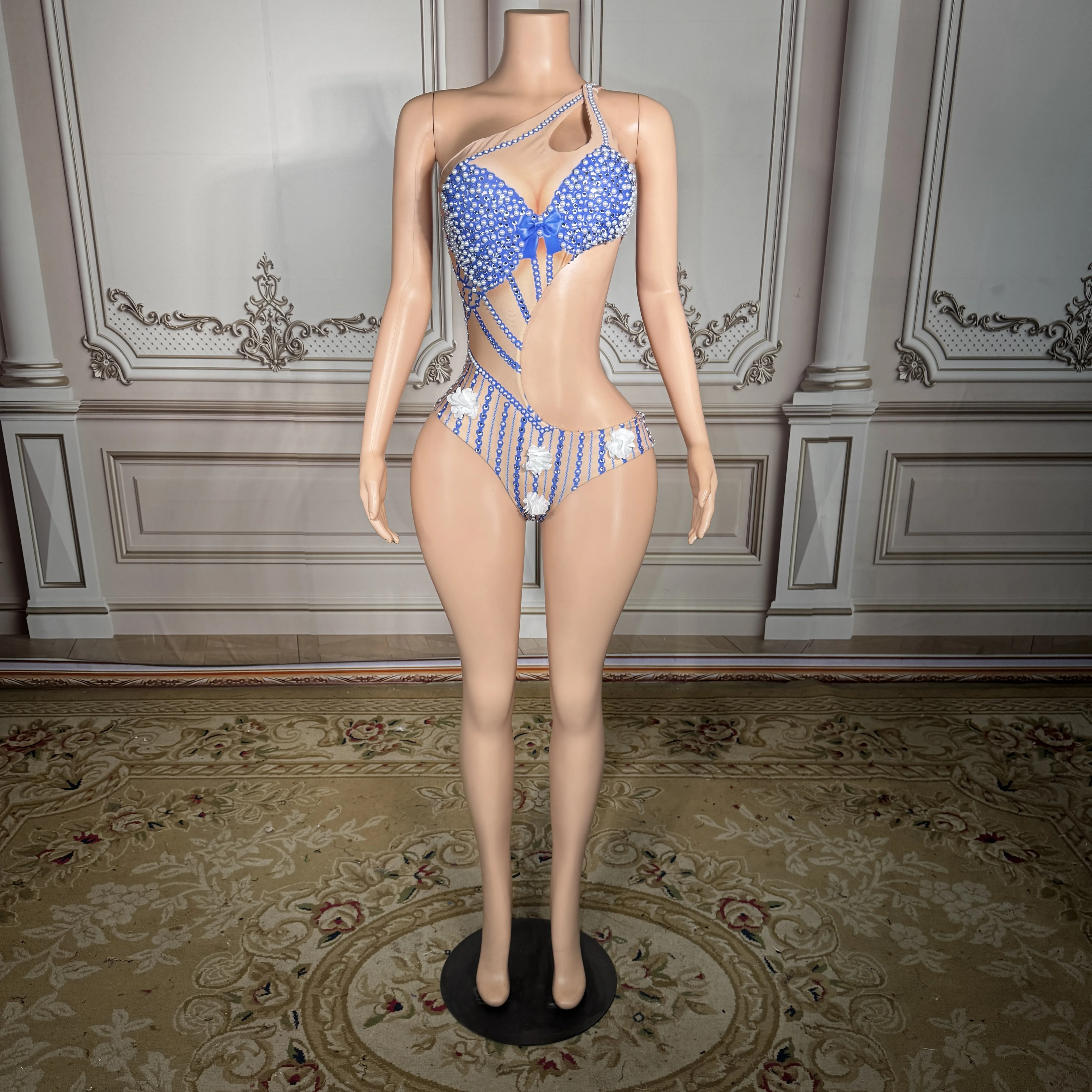 

Элегантный синий монокини ZD с жемчугом и бантом, женский сексуальный купальник на одно плечо с кристаллами для бассейна