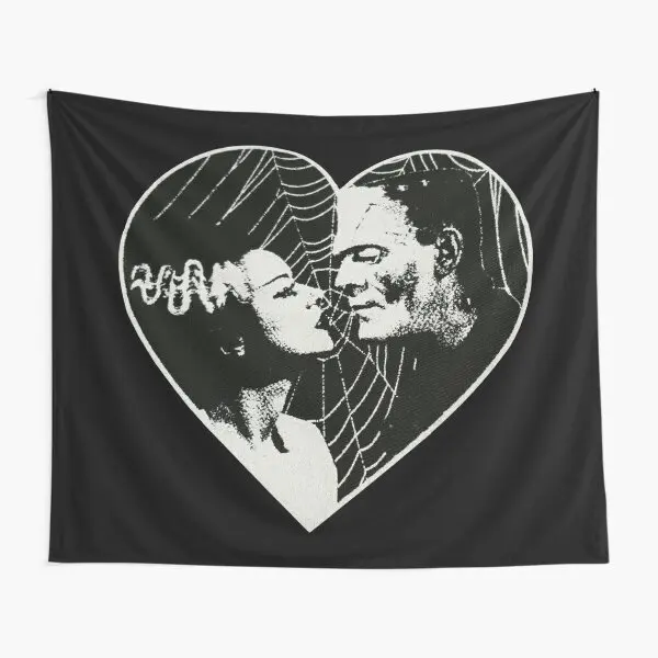 Frankenstein And Bride Goth Emo Heart  Tapestry Wall Beautiful Hanging Room Printed Living Yoga Blanket Colored Bedspread Decor