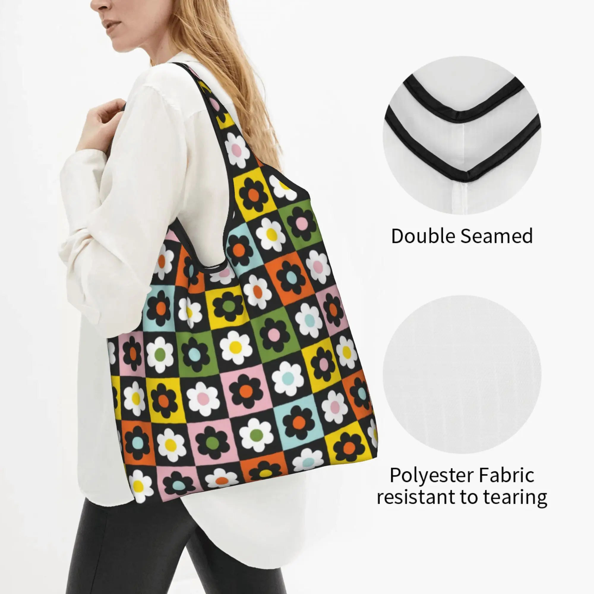 Kawaii Printing Daisy Flowers Checkered Plaid  Tote Shopping Bag Portable Shoulder Shopper Multicolor Black Handbag