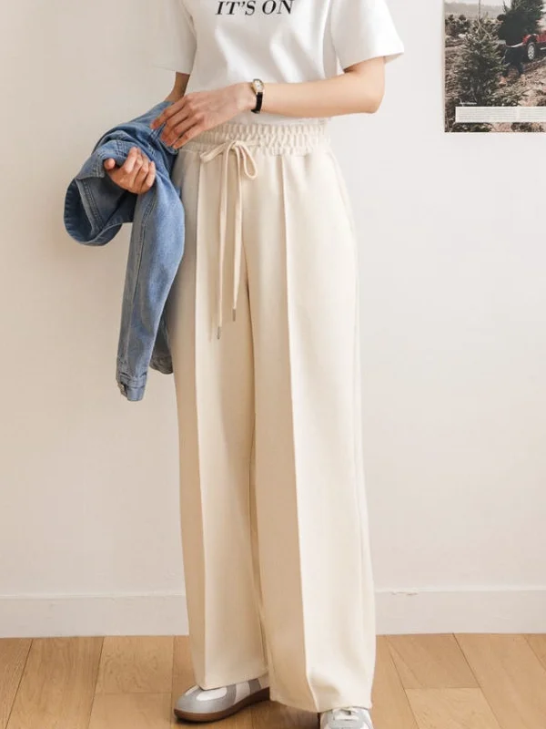 Korean Style High Waist Drawstring Loose Fit Straight Leg Casual Trousers Dual Pockets Slightly Drapey Versatile Women's Pants