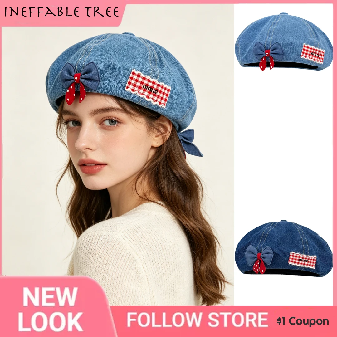 Y2K Sweet Knot Denim Beret Hats for Women Fashionable Versatile Face Slimming Cloud Eight Corner Octagonal Cap Casquette Homme