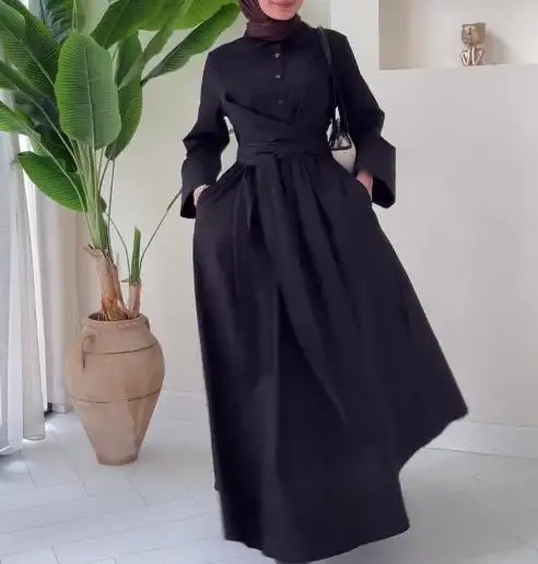 فستان قميص ذو طية صدر السترة بلون سادة للخريف، فستان قميص نسائي أنيق جديد بخصر مربوط وأربطة للتنقل وأكمام طويلة على شكل حرف a