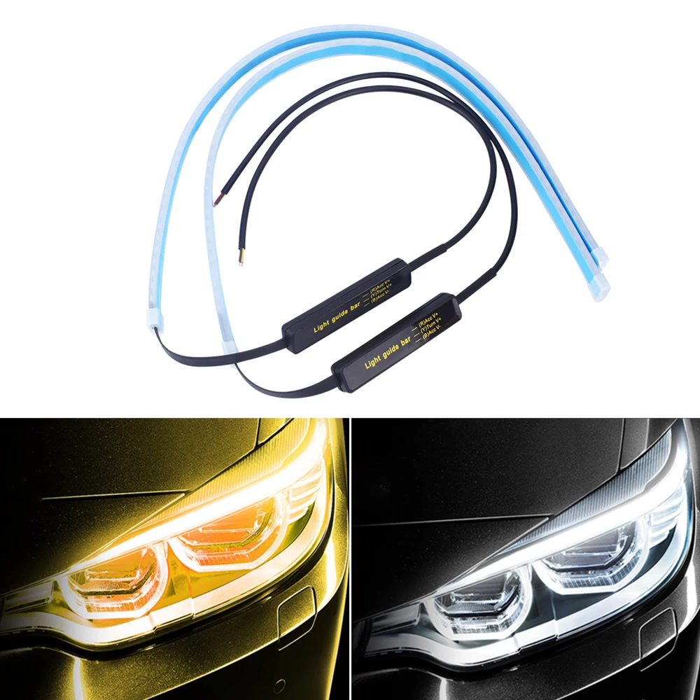 2pcs LED DRL Car Daytime Running Light Flexible Waterproof Strip Auto Headlights White Turn Signal Yellow Brake Flow Lights 12V