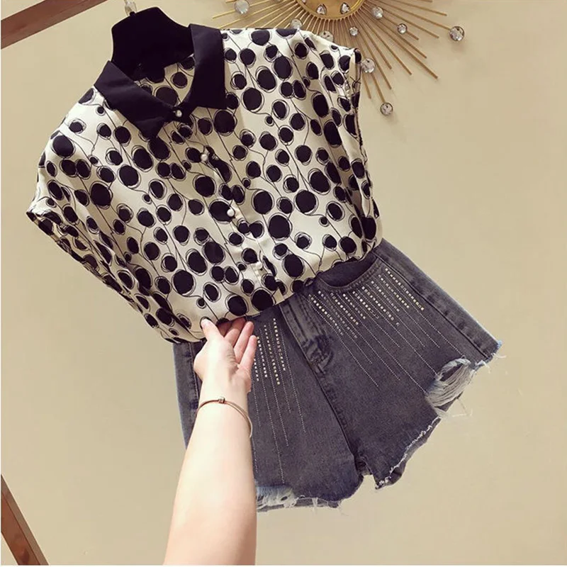 Polka Dot Printing Vintage Polo-Neck Single Breasted Sleeveless Women\'s Blouse Shirt Korean Fashion Female Clothing Tops 2024