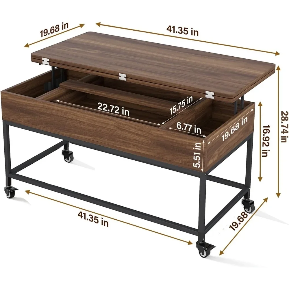 Lift Top Coffee Table, 3in1 Folding Rolling Coffee Table with Storage Drawer Push Opening, Metal Frame Wood Coffee Table