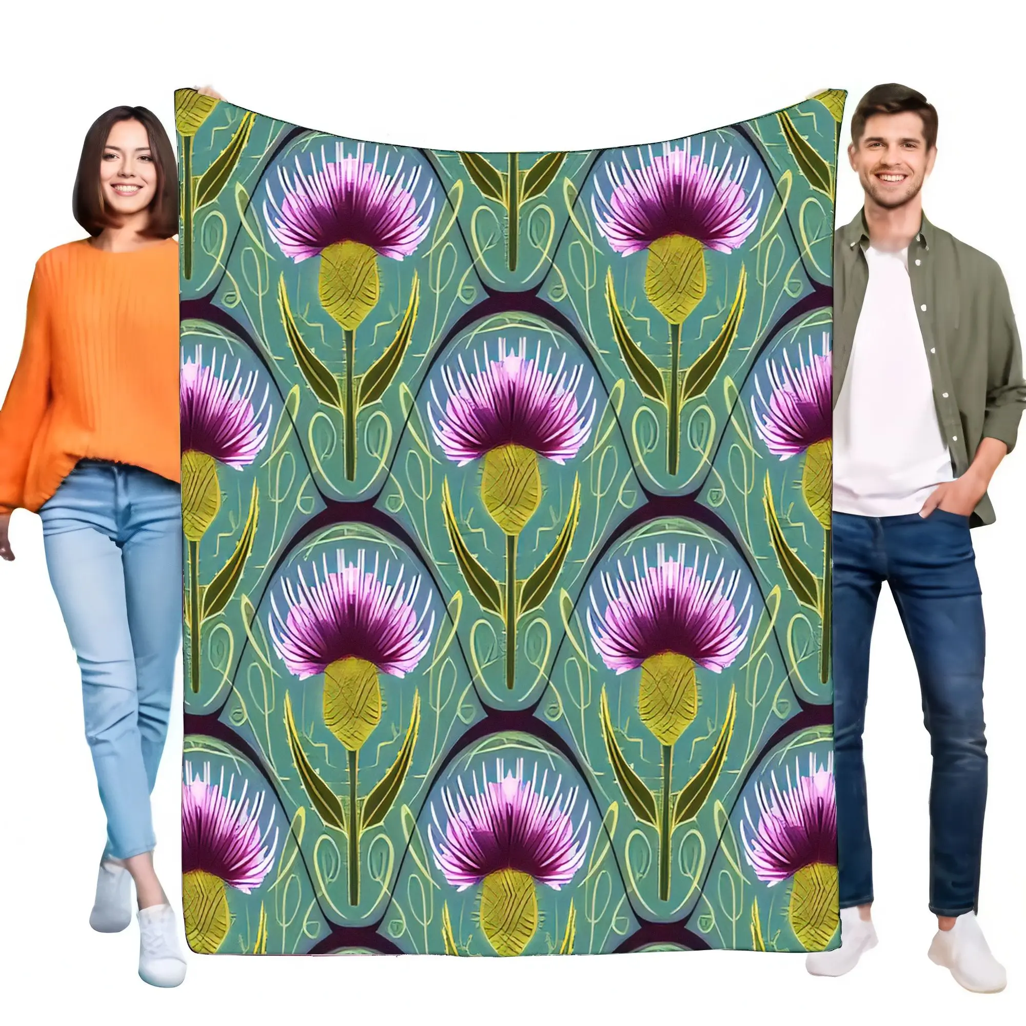 Unique Purple Thistle Floral Flannel Blanket Soft Cozy Lightweight Throw for Bed Sofa Couch Home Decor Gift