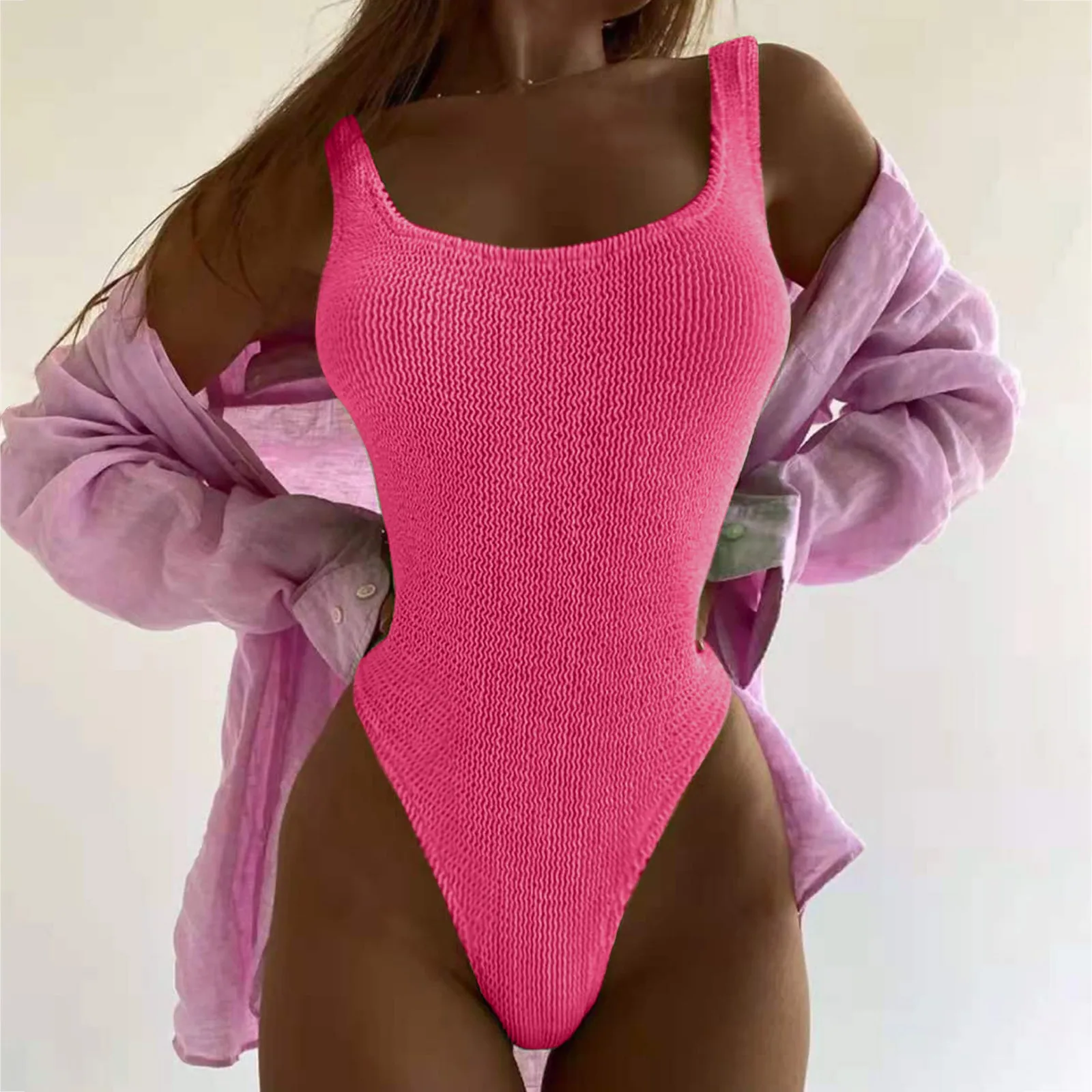 Sexy Women One Piece Swimsuit Solid Pink Swimwear Push Up Thong Bather Bathing Suit Monokini Brazilian Swimming Suits Bodysuit