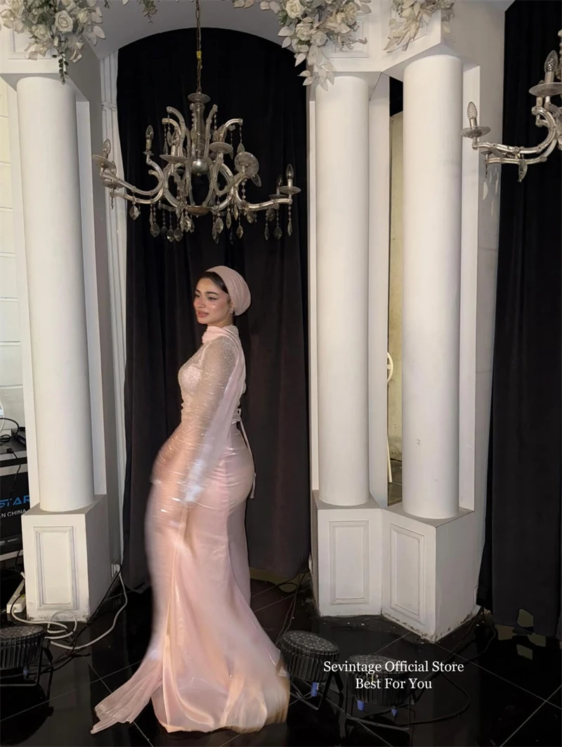 Sevintage-vestidos de noche de sirena con purpurina, color rosa, plisado, mangas completas, vestidos de graduación de lujo, chal, vestido Formal de graduación personalizado