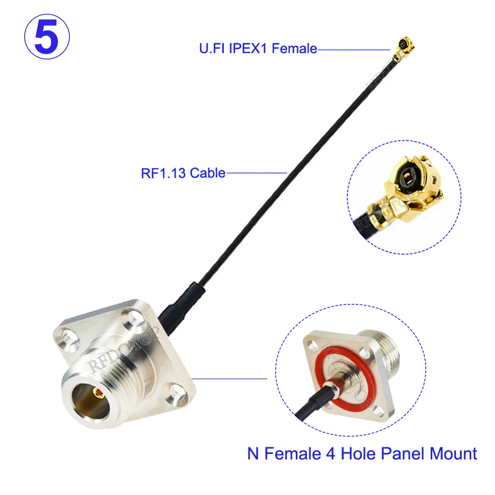 1PCS RF113 N Female Panel 4 Holes to 1 Female U.fl  Connector RF1.13 Cable N to  RF Coaxial Extension Jumper 5CM-1M