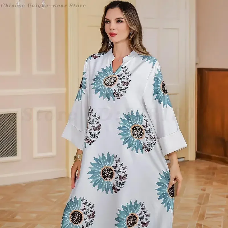 Ramadan Fashion Muslim Printed Dress Middle East Muslim Abayas Long Sleeve Robe for Women Dubai Elegant Loose Kaftans Party Gown