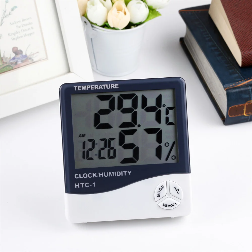 LCD Electronic Digital Temperature Humidity Meter Indoor Multifunction Thermometer Hygrometer Weather Station Clock HTC-1 HTC-2