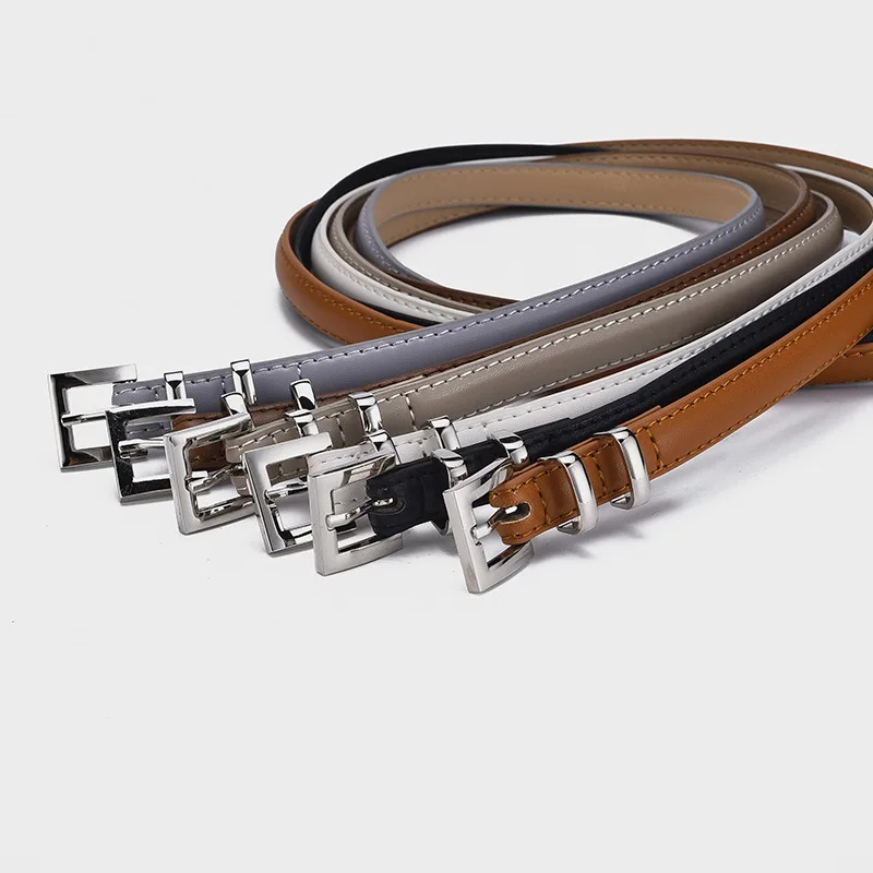 Ikat Pinggang Modis Gaya Korea untuk Wanita Gesper Logam Persegi Sederhana Ikat Pinggang PU Tipis 1.4Cm Ikat Pinggang Trendi Siswa