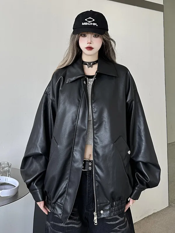 

Retro Hong Kong Sle Casual PU Leather Jaet Motorcycle Clothes for Men And Women Autumn Winter ort Coat Zipper Closure