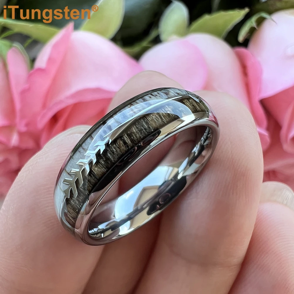 iTungsten 6mm Arrow Ring Men Women Tungsten Wedding Band With Dear Antler And Zebra Wood Inlay Comfort Fit