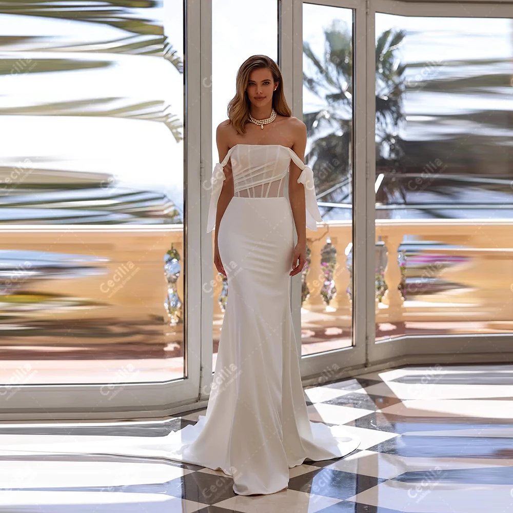 Einfache Satin-Brautkleider, elegante Brautkleider, schulterfrei, Roben, U-Boot-Ausschnitt, Tüll, abgestuft, maßgeschneidert, Vestidos de Novia