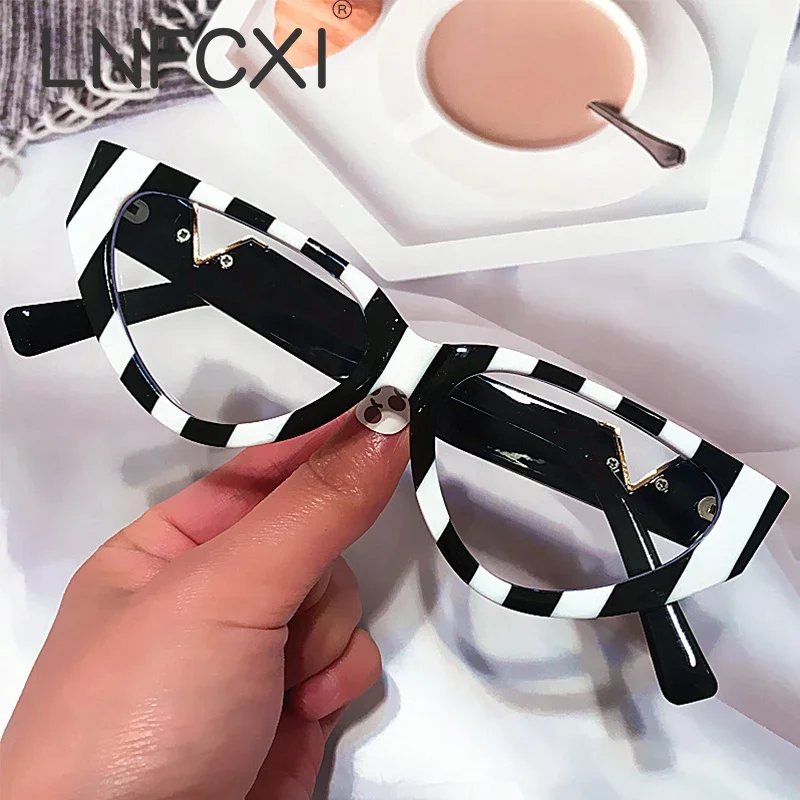 LNFCXI Zebra Cat Eye Anti-blue Light Eyeglasses for Women 2022 Luxury Brand Small Round Computer Myopia Glasses Female Shades