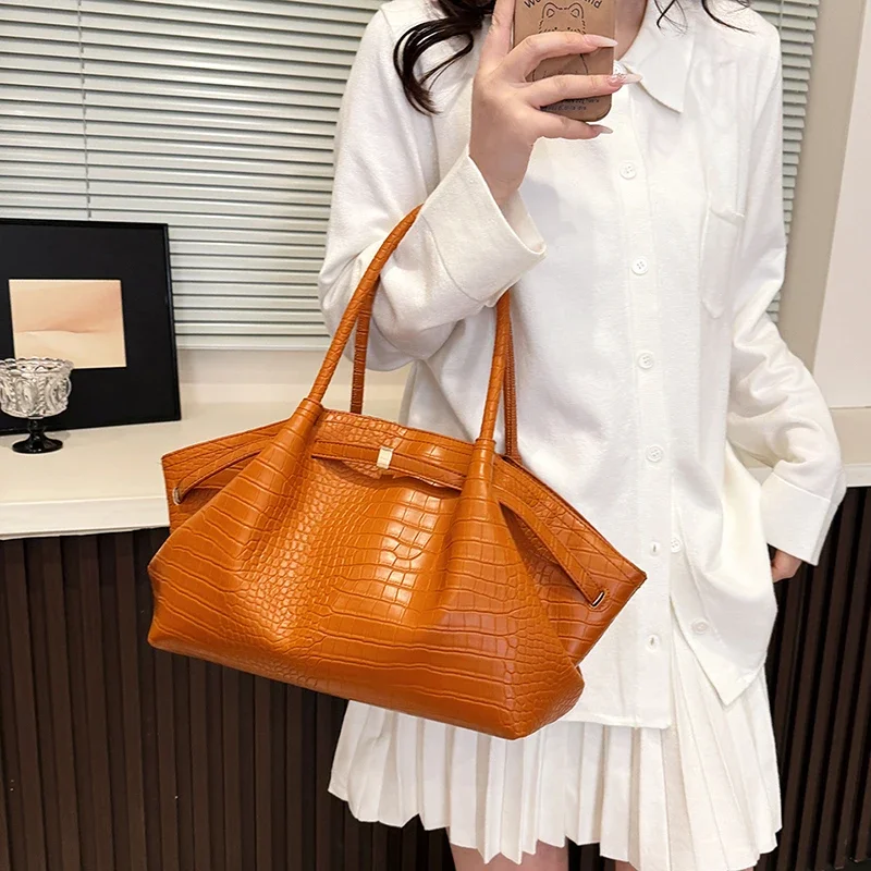 Meet You Vintage Crocodile Print Women's Pu Leather Tote Bag Luxury Design Pleated Female Daily Large Capacity Commuter Bag