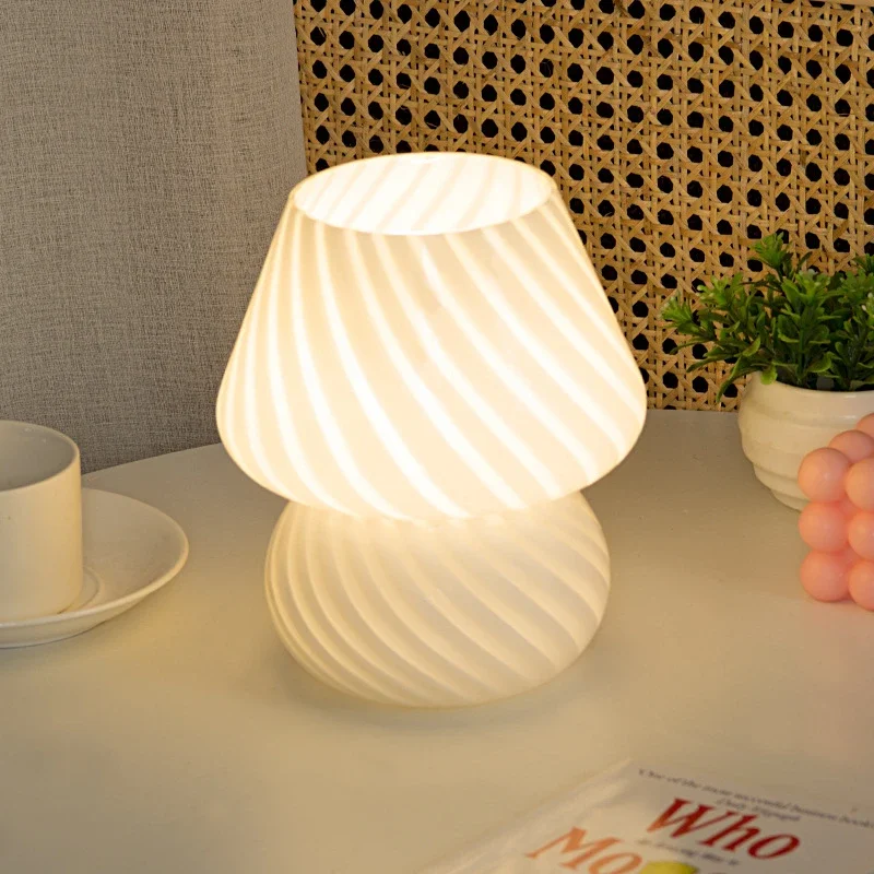 Korean Glass LED Table Lamp Modern Style Striped Mushroom Table Lamp Bedroom Bedside Home Decor Cute Learn To Read Lights