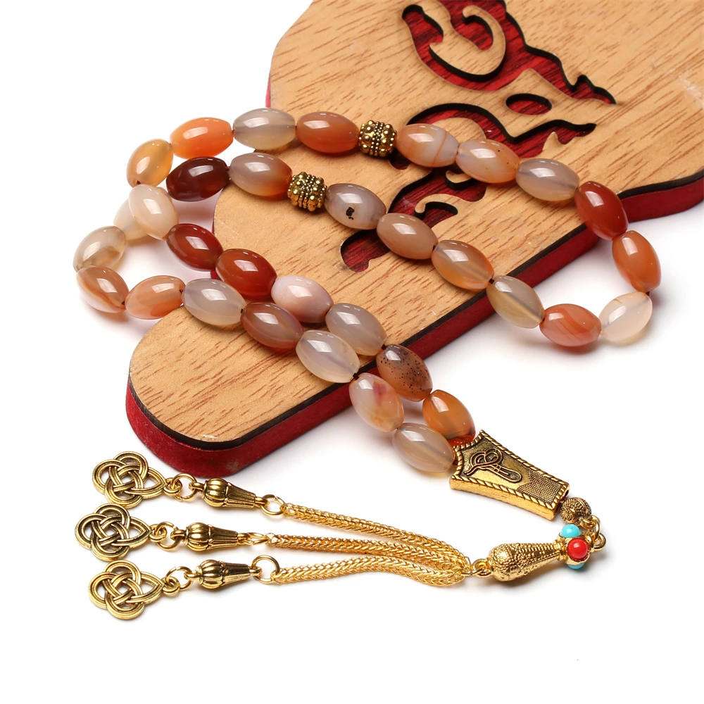 Natural Agate Tasbih Oval size 8*12mm Muslim gemstone prayer beads gold misbaha islamic rosary arabic fashion Eid ramadan gifts