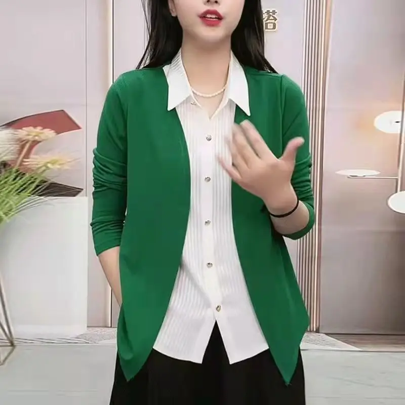 

Women's Fake Two Pieces Patchwork Polo Collar Shirt 2023 Spring Autumn New All Match Long Sleeve Knitted Cardigan Button Tops