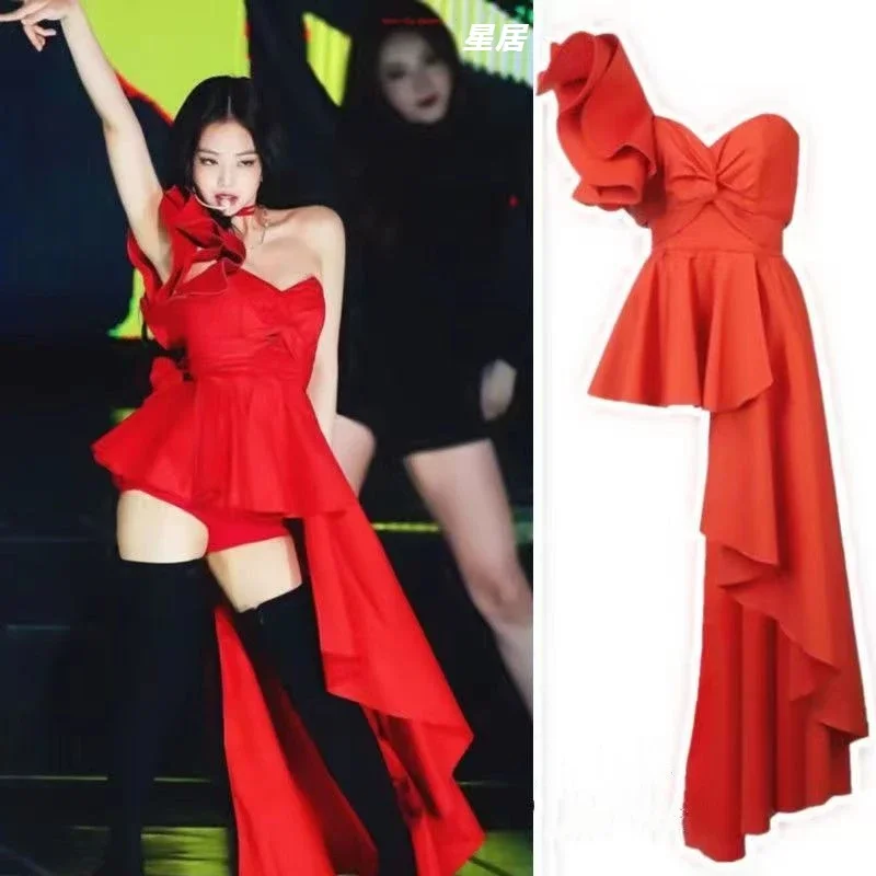 

Kpop Jennie Women Group Stage Nightclub Red Off-Shoulder Irregular Dress Concert Outfits Rave Wear Girl Sexy Performance Costume